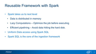 IT@Intel 6
Reusable Framework with Spark
• Spark takes us to next level
• Data is distributed in memory
• Lazy Computations – Optimize the job before executing
• Efficient pipelining – Avoid data hitting the hard disk.
• Uniform Data access using Spark SQL
• Spark SQL is the core of the ingestion framework
 