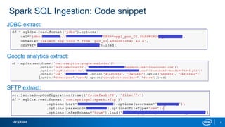 IT@Intel 8
Spark SQL Ingestion: Code snippet
JDBC extract:
Google analytics extract:
SFTP extract:
 