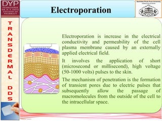 Electroporation
Electroporation is increase in the electrical
conductivity and permeability of the cell
plasma membrane caused by an externally
applied electrical field.
It involves the application of short
(microsecond or millisecond), high voltage
(50-1000 volts) pulses to the skin.
The mechanism of penetration is the formation
of transient pores due to electric pulses that
subsequently allow the passage of
macromolecules from the outside of the cell to
the intracellular space.
 