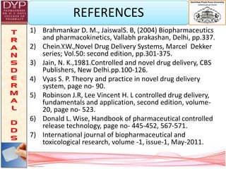 REFERENCES
1) Brahmankar D. M., JaiswalS. B, (2004) Biopharmaceutics
and pharmacokinetics, Vallabh prakashan, Delhi, pp.337.
2) Chein.Y.W.,Novel Drug Delivery Systems, Marcel Dekker
series; Vol.50: second edition, pp.301-375.
3) Jain, N. K.,1981.Controlled and novel drug delivery, CBS
Publishers, New Delhi.pp.100-126.
4) Vyas S. P. Theory and practice in novel drug delivery
system, page no- 90.
5) Robinson J.R, Lee Vincent H. L controlled drug delivery,
fundamentals and application, second edition, volume-
20, page no- 523.
6) Donald L. Wise, Handbook of pharmaceutical controlled
release technology, page no- 445-452, 567-571.
7) International journal of biopharmaceutical and
toxicological research, volume -1, issue-1, May-2011.
 