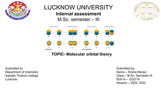 LUCKNOW UNIVERSITY
Internal assessment
M.Sc. semester – III
TOPIC- Molecular orbital theory
Submitted to-
Department of chemistry
Isabella Thoburn college
Lucknow.
Submitted by-
Name – Sneha Manjul
Class – M.Sc. Semester III
Roll no – Z/22/19
Session – 2022- 2023
 