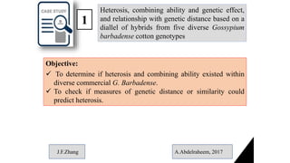 1
Heterosis, combining ability and genetic effect,
and relationship with genetic distance based on a
diallel of hybrids from five diverse Gossypium
barbadense cotton genotypes
Objective:
 To determine if heterosis and combining ability existed within
diverse commercial G. Barbadense.
 To check if measures of genetic distance or similarity could
predict heterosis.
A.Abdelraheem, 2017
J.F.Zhang
 