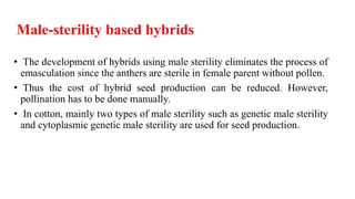 Male-sterility based hybrids
• The development of hybrids using male sterility eliminates the process of
emasculation since the anthers are sterile in female parent without pollen.
• Thus the cost of hybrid seed production can be reduced. However,
pollination has to be done manually.
• In cotton, mainly two types of male sterility such as genetic male sterility
and cytoplasmic genetic male sterility are used for seed production.
 