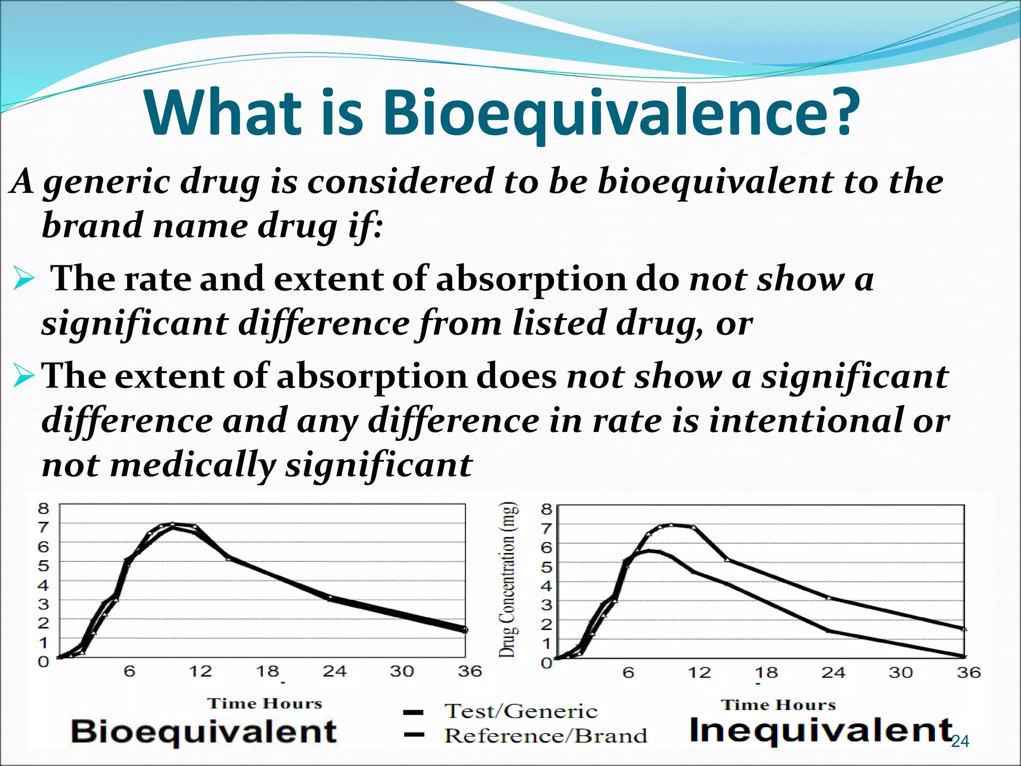 What is Bioequivalence? 
A generic drug is considered to be bioequivalent to the 
brand name drug if: 
 The rate and extent of absorption do not show a 
significant difference from listed drug, or 
The extent of absorption does not show a significant 
difference and any difference in rate is intentional or 
not medically significant 
24 
 