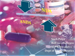 PRESENTED BY 
Sneh Priya 
Roll no-080603011 
M Pharm part-1 
Dept of Pharmaceutics 
1 
 