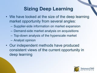Sizing Deep Learning
• We have looked at the size of the deep learning
market opportunity from several angles:
– Supplier-side information on market expansion
– Demand-side market analysis on acquisitions
– Top-down analysis of the hyperscale market
– Analyst opinion
• Our independent methods have produced
consistent views of the current opportunity in
deep learning
 