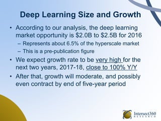 Deep Learning Size and Growth
• According to our analysis, the deep learning
market opportunity is $2.0B to $2.5B for 2016
– Represents about 6.5% of the hyperscale market
– This is a pre-publication figure
• We expect growth rate to be very high for the
next two years, 2017-18, close to 100% Y/Y
• After that, growth will moderate, and possibly
even contract by end of five-year period
 