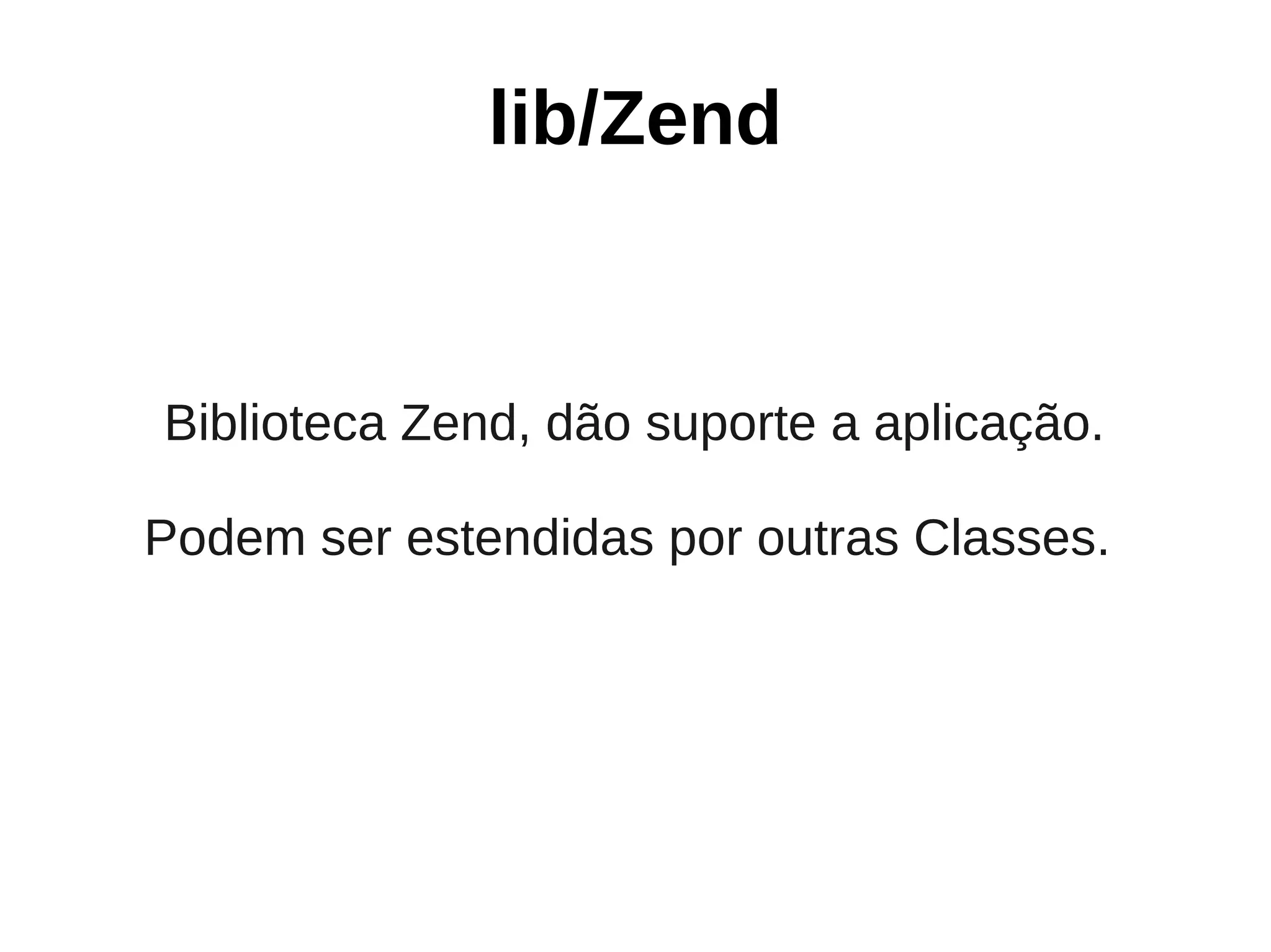 lib/Zend


Biblioteca Zend, dão suporte a aplicação.

Podem ser estendidas por outras Classes.
 