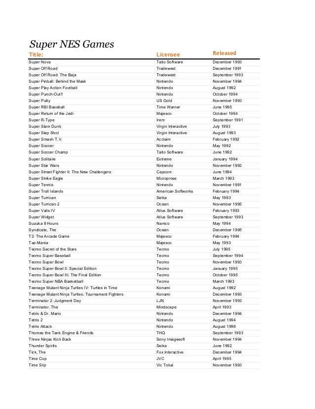 Snes Game List