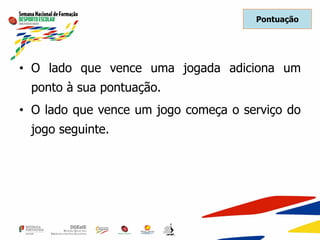 Pontuação
• O lado que vence uma jogada adiciona um
ponto à sua pontuação.
• O lado que vence um jogo começa o serviço do
jogo seguinte.
 