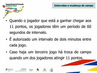 Intervalos e mudança de campo
• Quando o jogador que está a ganhar chegar aos
11 pontos, os jogadores têm um período de 60
segundos de intervalo.
• É autorizado um intervalo de dois minutos entre
cada jogo.
• Caso haja um terceiro jogo há troca de campo
quando um dos jogadores atingir 11 pontos.
 