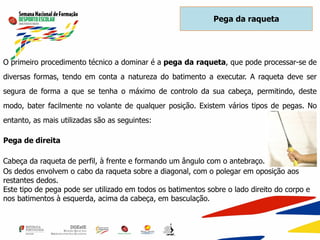 O primeiro procedimento técnico a dominar é a pega da raqueta, que pode processar-se de
diversas formas, tendo em conta a natureza do batimento a executar. A raqueta deve ser
segura de forma a que se tenha o máximo de controlo da sua cabeça, permitindo, deste
modo, bater facilmente no volante de qualquer posição. Existem vários tipos de pegas. No
entanto, as mais utilizadas são as seguintes:
Pega de direita
Cabeça da raqueta de perfil, à frente e formando um ângulo com o antebraço.
Os dedos envolvem o cabo da raqueta sobre a diagonal, com o polegar em oposição aos
restantes dedos.
Este tipo de pega pode ser utilizado em todos os batimentos sobre o lado direito do corpo e
nos batimentos à esquerda, acima da cabeça, em basculação.
Pega da raqueta
 
