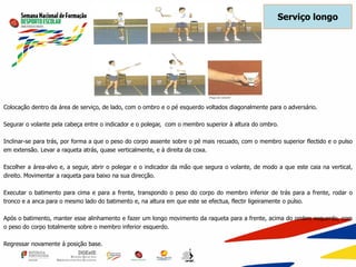 Colocação dentro da área de serviço, de lado, com o ombro e o pé esquerdo voltados diagonalmente para o adversário.
Segurar o volante pela cabeça entre o indicador e o polegar, com o membro superior à altura do ombro.
Inclinar-se para trás, por forma a que o peso do corpo assente sobre o pé mais recuado, com o membro superior flectido e o pulso
em extensão. Levar a raqueta atrás, quase verticalmente, e à direita da coxa.
Escolher a área-alvo e, a seguir, abrir o polegar e o indicador da mão que segura o volante, de modo a que este caia na vertical,
direito. Movimentar a raqueta para baixo na sua direcção.
Executar o batimento para cima e para a frente, transpondo o peso do corpo do membro inferior de trás para a frente, rodar o
tronco e a anca para o mesmo lado do batimento e, na altura em que este se efectua, flectir ligeiramente o pulso.
Após o batimento, manter esse alinhamento e fazer um longo movimento da raqueta para a frente, acima do ombro esquerdo, com
o peso do corpo totalmente sobre o membro inferior esquerdo.
Regressar novamente à posição base.
Serviço longo
 