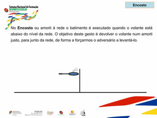 Encosto
No Encosto ou amorti à rede o batimento é executado quando o volante está
abaixo do nível da rede. O objetivo deste gesto é devolver o volante num amorti
justo, para junto da rede, de forma a forçarmos o adversário a levantá-lo.
 