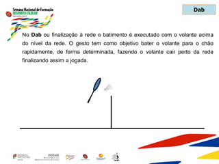 Dab
No Dab ou finalização à rede o batimento é executado com o volante acima
do nível da rede. O gesto tem como objetivo bater o volante para o chão
rapidamente, de forma determinada, fazendo o volante cair perto da rede
finalizando assim a jogada.
 