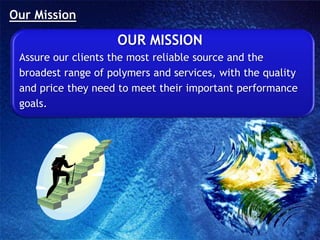 Our MissionOUR MISSIONAssure our clients the mostreliable source and the broadest range of polymers and services, with the qualityand pricetheyneed to meettheir important performancegoals.