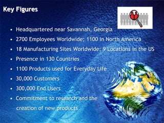 Key FiguresHeadquartered near Savannah, Georgia2700 Employees Worldwide; 1100 in North America18 Manufacturing Sites Worldwide; 9 Locations in the USPresence in 130 Countries1100 Products used for Everyday Life30,000 Customers300,000 End UsersCommitment to research and the     creation of new products