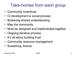 Take-homes from each group Community incentives CI development is social process Brokering shared understanding Map the community Must be designed and implemented together Ongoing iterative process It’s all about building trust Community resource management Sustaining, forever 