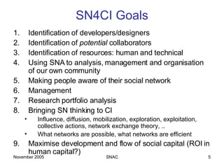 SN4CI Goals Identification of developers/designers Identification of  potential  collaborators Identification of resources: human and technical Using SNA to analysis, management and organisation of our own community Making people aware of their social network Management Research portfolio analysis Bringing SN thinking to CI Influence, diffusion, mobilization, exploration, exploitation, collective actions, network exchange theory, .. What networks are possible, what networks are efficient Maximise development and flow of social capital (ROI in human capital?) 