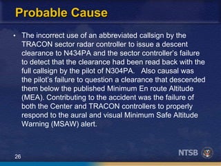 26
Probable Cause
• The incorrect use of an abbreviated callsign by the
TRACON sector radar controller to issue a descent
clearance to N434PA and the sector controller’s failure
to detect that the clearance had been read back with the
full callsign by the pilot of N304PA. Also causal was
the pilot’s failure to question a clearance that descended
them below the published Minimum En route Altitude
(MEA). Contributing to the accident was the failure of
both the Center and TRACON controllers to properly
respond to the aural and visual Minimum Safe Altitude
Warning (MSAW) alert.
 