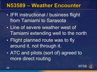 29
N53589 – Weather Encounter
• IFR instructional / business flight
from Tamiami to Sarasota
• Line of severe weather west of
Tamiami extending well to the north
• Flight planned route was to fly
around it, not through it.
• ATC and pilots (sort of) agreed to
more direct routing
 