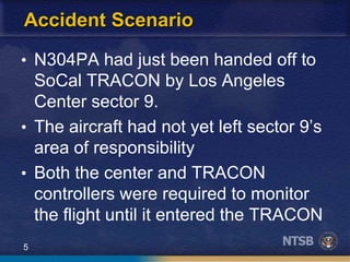 5
Accident Scenario
• N304PA had just been handed off to
SoCal TRACON by Los Angeles
Center sector 9.
• The aircraft had not yet left sector 9’s
area of responsibility
• Both the center and TRACON
controllers were required to monitor
the flight until it entered the TRACON
 