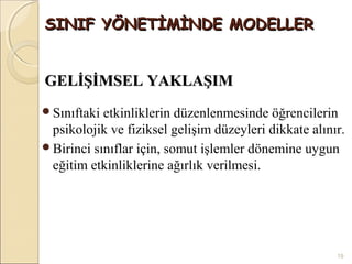 SINIF YÖNETİMİNDE MODELLER


GELİŞİMSEL YAKLAŞIM
Sınıftaki etkinliklerin düzenlenmesinde öğrencilerin
 psikolojik ve fiziksel gelişim düzeyleri dikkate alınır.
Birinci sınıflar için, somut işlemler dönemine uygun
 eğitim etkinliklerine ağırlık verilmesi.




                                                       19
 