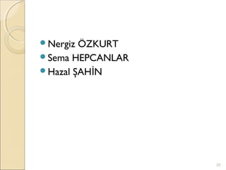 Nergiz ÖZKURT
Sema HEPCANLAR
Hazal ŞAHİN




                  25
 