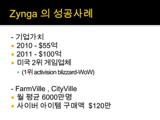- 기업가치
 2010 - $55억
 2011 - $100억
 미국 2위 게임업체
  (1위 activision blizzard-WoW)


- FarmVille , CityVille
 월 평균 6000만명
 사이버 아이템 구매액 $120만
 