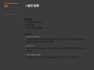 05   5.발전 방향




     • 간단한 읶터페이스



     • 관계 강화



     • 다른 산업과의 융합




                    10
 