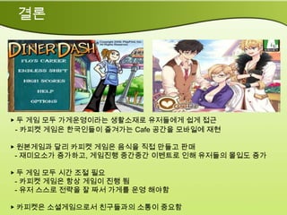 결론




▶ 두 게임 모두 가게운영이라는 생활소재로 유저들에게 쉽게 접근
 - 카피켓 게임은 한국인들이 즐겨가는 Cafe 공간을 모바일에 재현

▶ 원본게임과 달리 카피켓 게임은 음식을 직접 만들고 판매
 - 재미요소가 증가하고, 게임진행 중간중간 이벤트로 인해 유저들의 몰입도 증가

▶ 두 게임 모두 시간 조절 필요
 - 카피켓 게임은 항상 게임이 진행 됨
 - 유저 스스로 전략을 잘 짜서 가게를 운영 해야함

▶ 카피켓은 소셜게임으로서 친구들과의 소통이 중요함
 