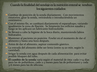  Cambiar de posición de la sonda diariamente. Con movimientos
  rotatorios, girar la sonda, retirándola o introduciéndola un
  centímetro.
 Con el mismo fin, se cambiará diariamente el esparadrapo, variando
  igualmente la zona de fijación. Se limpiarán los orificios nasales y
  luego se les aplicará un lubricante hidrosoluble.
 Se llevará a cabo la higiene de la boca diario, manteniendo labios
  hidratados.
 Mantener al paciente en posición Fowler en el momento de dar el
  alimento y hasta una hora después.
 Antes de dar el alimento, aspirar contenido gástrico.
 La entrada del alimento debe ser lenta (entre 15-20 min. según la
  cantidad).
 Irrigar la sonda con agua después de cada alimentación para evitar
  posible bloqueo del tubo.
 El cambio de la sonda varía según el material de ésta: cada 7-14 días
  para las de polietileno, cada 2-3 meses para las de poliuretano y cada
  3-6 meses para las de silicona.
 