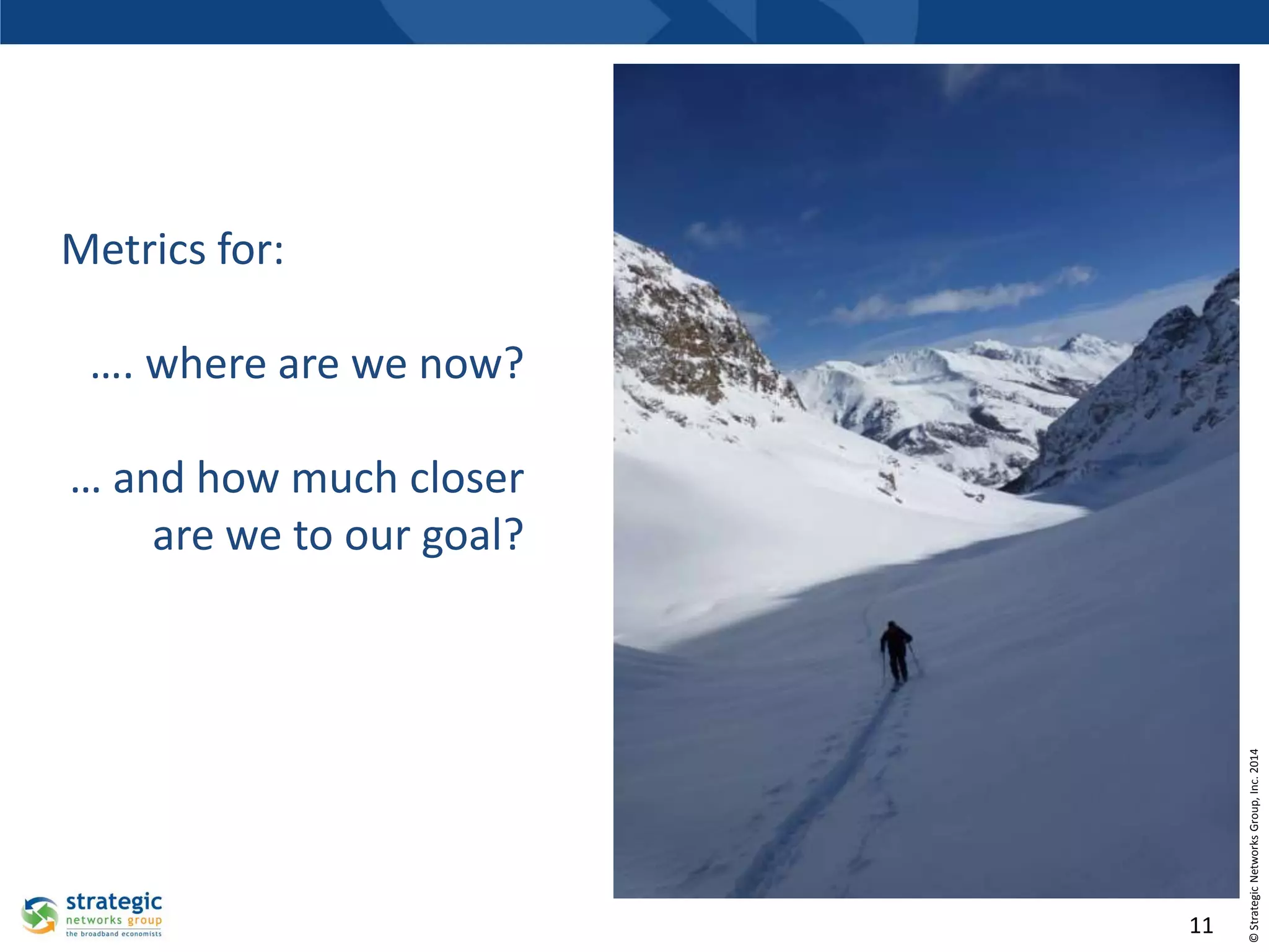Metrics for:
…. where are we now?

11

© Strategic Networks Group, Inc. 2014

… and how much closer
are we to our goal?

 
