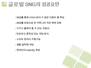 - SNS를 통해 서비스하여 수 많은 이용자 층 확보

- SNS를 바탕으로 한 커뮤니티 적인 측면 강화

- 누구나 플레이 할 수 있는 쉬운UI

- 단순하고 중독성 있는 게임 방식

- 스마트 폰에서 구동가능

- 생활 밀착형 게임

- 현대인의 Indentity 욕망
 