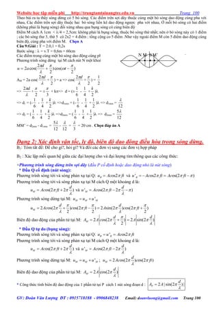 Website học tập miễn phí http://trungtamtainangtre.edu.vn Trang 100
GV: Đoàn Văn Lượng ĐT : 0915718188 - 0906848238 Email: doanvluong@gmail.com Trang 100
Theo bài ra ta thấ s ng dừng c 5 b s ng. Các điểm trên sợi dâ thuộc cùng một b s ng dao động cùng pha với
nhau, Các điểm trên sợi dâ thuộc hai b s ng liền kê dao động ng ợc pha với nhau, Ở mỗi b s ng c hai điểm
(không phải là bụng s ng) đối xứng nhau qua bụng s ng c cùng biên độ
Điểm M cách A 1cm < /4 = 2,5cm: không phải là bụng s ng, thuộc b s ng thứ nhất; nên ở b s ng nà c 1 điểm
; các bó sóng th 3, thứ 5 c 2x2 = 4 điểm ; tổng cộng co 5 điểm .Nh vậ ngoài điểm M còn 5 điểm dao động cùng
biên độ, cùng pha với điểm M. Chọn A
Câu 9:Giải : T = 2.0,1 = 0,2s
B ớc s ng :  = v.T = 0,6m = 60cm
Các điểm trong cùng một b s ng dao động cùng pha
Ph ng trình s ng dừng tại M cách nút N một khoảng d
)
2
cos()
2
2
cos(2





 t
d
au
AM = 2a cos(

d2
+
2

) = a => cos(

d2
+
2

) =
2
1
=>

d2
+
2

= ±
3

+ k=> d = (±
6
1
-
4
1
+
2
k
)
=> d1 = (-
6
1
-
4
1
+
2
k
) =>d1min = (-
6
1
-
4
1
+
2
1
) => d1min =
12

=> d2 = (
6
1
-
4
1
+
2
k
) =>d2min = (
6
1
-
4
1
+
2
1
) => d2min =
12
5
MM’ = d2min - d1min =
12
5
-
12

=
3

= 20 cm . Chọn đáp án A
Dạng 2: Xác định vận tốc, ly độ, biên độ dao đông điều hòa trong sóng dừng.
B1: Tóm tắt đề: Đề cho gì?, hỏi gì? Và đổi các đ n vị sang các đ n vị hợp pháp
B2 : Xác lập mối quan hệ giữa các đại l ợng cho và đại l ợng tìm thông qua các công thức:
+Phương trình sóng dừng trên sợi dây (đầu P cố định hoặc dao động nhỏ là nút sóng)
* Đầu Q cố định (nút sóng):
Ph ng trình s ng tới và s ng phản xạ tại Q: os2Bu Ac ft và ' os2 os(2 )Bu Ac ft Ac ft     
Ph ng trình s ng tới và s ng phản xạ tại M cách Q một khoảng d là:
os(2 2 )M
d
u Ac ft 

  và ' os(2 2 )M
d
u Ac ft  

  
Ph ng trình s ng dừng tại M: 'M M Mu u u 
2 os(2 ) os(2 ) 2 sin(2 ) os(2 )
2 2 2
M
d d
u Ac c ft A c ft
  
   
 
    
Biên độ dao động của phần tử tại M: 2 os(2 ) 2 sin(2 )
2
M
d d
A A c A

 
 
  
* Đầu Q tự do (bụng sóng):
Ph ng trình s ng tới và s ng phản xạ tại Q: ' os2B Bu u Ac ft 
Ph ng trình s ng tới và s ng phản xạ tại M cách Q một khoảng d là:
os(2 2 )M
d
u Ac ft 

  và ' os(2 2 )M
d
u Ac ft 

 
Ph ng trình s ng dừng tại M: 'M M Mu u u  ; 2 os(2 ) os(2 )M
d
u Ac c ft 


Biên độ dao động của phần tử tại M: 2 cos(2 )M
d
A A 


* Công thức tính biên độ dao động của 1 phần tử tại P cách 1 nút s ng đoạn d : 2 | sin(2 ) |P
d
A A 


N M B M’
   
 