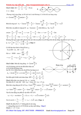 Website học tập miễn phí http://trungtamtainangtre.edu.vn Trang 105
GV: Đoàn Văn Lượng ĐT : 0915718188 - 0906848238 Email: doanvluong@gmail.com Trang 105
Câu 2: Giải: AB =
2

+
4

= 3
4

= 30 cm
=>  = 40cm
Phương trình sóng dừng tại M cách nút A một khoảng d; 2a biên độ của bụng sóng:
)
2
cos()
2
2
cos(2





 t
d
au
Biên độ s ng tại C AC = 2acos(

d2
+
2

) = 2acos(
40
3
20
2
+
2

) = 2acos(
6
5
) = a 3
Biểu thức của phần tử s ng tại B uB = 2acos(t -
2

) thời điểm uB =AC = a 3
cos(t -
2

) =
2
3
= cos
6

-----> t -
2

= ±
6

+ 2k -----> t =
2

±
6

+ 2k
T
2
t =
2

±
6

+ 2k ----> t = (
4
1
±
12
1
+ k)T: t1 = (
4
1
-
12
1
)T =
6
1
T t2 = (
4
1
+
12
1
)T =
3
1
T
Khoảng thời gian ngắn nhất giữa hai lần mà li độ của phần tử tại B bằng biên độ dao động của phần tử tại C là:tmin =
t2 – t1 =
6
1
T =
6
1
v

=
6
1
50
40
=
15
2
s. Chọn C
C thể dựa theo hình vẽ bên để tìm tmin
Ta có OB = 2a , OC = a 3
Góc  = MOB cos =
OB
OC
=
2
3
=>  =
6

=> tCB =
12
1
T => tCBC =
6
1
T =
15
2
s
Câu 3: Giải: Biên độ s ng dừng
2
2 sinA a d



với d là khoảng cách từ nút đến điểm khảo sát .
và 2a là biên độ bụng s ng.
Gọi M, N là 2 điểm thỏa êu cầu đề bài.Áp dụng ta c
2 2 1
2 sin sin sin
2 6 12
MA a d a d d
   
 
      
Hai điểm gần B nhất cách nhau đoạn
2 12 12 3
MN
   
   
Câu 4: Biểu thức của s ng tại A là uA = acost
Xét điểm M; N trên AB: AM = dM = 14cm; AN = dN = 27 cm
Biểu thức s ng dừng tại M và N:uM = 2asin

 Md2
cos(t +
2

) = 2asin
24
14.2
cos(t +
2

).= -acos(t+
2

).
uN = 2asin

 Nd2
cos(t +
2

). = 2asin
24
27.2
cos(t +
2

).= a 2 cos(t +
2

).
Vận tốc dao động của phần tử vật chất ở M và N:
vM = u’M = a.sin(t +
2

). (1); vN = u’N = - a 2 .sin(t +
2

).(2)
Từ (1) và (2) =>
M
N
v
v
= -
1
2
=> vN = - 2 2 cm/s. Chọn A
Câu 5: Ba điểm M, N, P không phải là nút sóng
=> chúng đồng loạt trở về VTCB khi sợi dâ duỗi thẳng. Chọn C
Câu 6:  = v/f = 8 cm
C B
 A

M

C
BO
A
λ/12λ/3
N
B
M
Bụng s ng
 