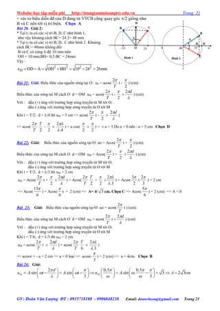 Website học tập miễn phí http://trungtamtainangtre.edu.vn Trang 21
GV: Đoàn Văn Lượng ĐT : 0915718188 - 0906848238 Email: doanvluong@gmail.com Trang 21
+ véc t biểu diễn dđ của D đang từ VTCB cũng qua g c /2 giống nh
B và C nên tới vị trí biên. Chọn A
Bài 20. Giải 2:
* Tại t1 ta c các vị trí B, D, C nh hình 1,
nh vậ khoảng cách BC= 24.2= 48 mm
* Tại t2 ta c các vị trí B, D, C nh hình 2. Khoảng
cách BC= 48mm không đổi
B và C c cùng li độ 10 mm nên:
OH = 10 mm;BH= 0,5.BC = 24mm
Vậ :
2 2 2 2
Dx OD A OH BH 10 24 26mm      
Bài 21: Giải: Biểu thức của nguồn s ng tại O: u0 = acos(
T
2
t -
2

) (cm)
Biểu thức của s ng tại M cách O d = OM uM = acos(
T
2
t -
2

±

d2
) (cm)
Với : dấu (+) ứng với tr ờng hợp s ng tru ền từ M tới O;
dấu (-) ứng với tr ờng hợp s ng tru ền từ O tới M
Khi t = T/2; d = /4 thì uM = 5 cm => acos(
T
2
t -
2

±

d2
)
=> acos(
T
2
2
T
-
2

±
4.
2


) = a cos(
2

±
2

) = ± a = 5 Do a > 0 nên : a = 5 cm. Chọn D
Bài 22: Giải: Biểu thức của nguồn s ng tại O: uo = Acos(
T
2
t +
2

) (cm).
Biểu thức của s ng tại M cách O d = OM uM = Acos(
T
2
t +
2

±

d2
) (cm)
Với : dấu (+) ứng với tr ờng hợp s ng tru ền từ M tới O;
dấu (-) ứng với tr ờng hợp s ng tru ền từ O tới M
Khi t = T/2; d = /3 thì uM = 2 cm
uM = Acos(
T
2
t +
2

±

d2
) = Acos(
T
2
2
T
+
2

±
3.
2


) = Acos(
2
3
±
3
2
) = 2 cm
=> Acos(
6
13
) = Acos(
6

) = 2 (cm) => A= 4/ 3 cm. Chọn C => Acos(
6
5
) = 2 (cm) => A < 0
Bài 23: Giải: Biểu thức của nguồn s ng tại O: uo = acos(
T
2
t ) (cm).
Biểu thức của s ng tại M cách O d = OM uM = acos(
T
2
t ±

d2
) (cm)
Với : dấu (+) ứng với tr ờng hợp s ng tru ền từ M tới O;
dấu (-) ứng với tr ờng hợp s ng tru ền từ O tới M
Khi t = T/6; d = /3 thì uM = 2 cm
uM = acos(
T
2
t ±

d2
) = acos(
T
2
6
T
±
3.
2


)
=> acos = - a = 2 cm => a < 0 loại => acos(-
3

) = 2 (cm) => a = 4cm. Chọn B
Bài 24: Giải:
2 0,5 0,5
.sin .sin .sin . 3 2 3
3 3
M M
d
u A t A t u A A cm
    
  
  
       
                
       
 