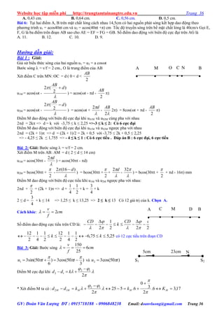 Website học tập miễn phí http://trungtamtainangtre.edu.vn Trang 36
GV: Đoàn Văn Lượng ĐT : 0915718188 - 0906848238 Email: doanvluong@gmail.com Trang 36
A. 0,43 cm. B. 0,64 cm. C. 0,56 cm. D. 0,5 cm.
Bài 6: Tại hai điểm A, B trên mặt chất lỏng cách nhau 14,5cm c hai nguồn phát s ng kết hợp dao động theo
ph ng trình u1 = acos40πt cm và u2 = acos(40πt +π) cm Tốc độ tru ền s ng trên bề mặt chất lỏng là 40cm/s Gọi E,
F, G là ba điểm trên đoạn AB sao cho AE = EF = FG = GB. Số điểm dao động với biên độ cực đại trên AG là
A. 11. B. 12. C. 10. D. 9.
Hướng dẫn giải:
Bài 1 : Giải:
Giả sử biểu thức s ng của hai nguồn u1 = u2 = a cost
B ớc s ng  = v/f = 2 cm., O là trung điểm của AB
Xét điểm C trên MN: OC = d ( 0 < d <
2
AB
u1M = acos(t -

 )
2
(2 d
AB

) = acos(t - d -
2
AB
)
u2M = acos(t -

 )
2
(2 d
AB

) = acos(t +

d2
-
2
AB
2) = 8cos(t + d -
2
AB
)
Điểm M dao động với biên độ cực đại khi uS1M và uS2M cùng pha với nhau
2d = 2k => d = k với -3,75 ≤ k ≤ 2,25 =>-3 ≤ k ≤ 2: Có 6 cực đại
Điểm M dao động với biên độ cực đại khi uS1M và uS2M ng ợc pha với nhau
2d = (2k + 1) => d = (2k + 1)/2 = 2k + 0,5 với -3,75 ≤ 2k + 0,5 ≤ 2,25
=> - 4,25 ≤ 2k ≤ 1,755 => - 4 ≤ k ≤ 1 : Có 6 cực tiểu . Đáp án B : 6 cực đại, 6 cực tiểu
Bài 2: Giải: B ớc s ng  = v/f = 2 cm.
Xét điểm M trên AB: AM = d ( 2 ≤ d ≤ 14 cm)
u1M = acos(30t -

d2
) = acos(30t - d)
u2M = bcos(30t +
2

-

 )16(2 d
) = bcos(30t +
2

+

d2
-

32
) = bcos(30t +
2

+ d - 16) mm
Điểm M dao động với biên độ cực tiểu khi u1M và u2M ng ợc pha với nhau:
2d +
2

= (2k + 1) => d =
4
1
+
2
1
+ k =
4
3
+ k
2 ≤ d =
4
3
+ k ≤ 14 => 1,25 ≤ k ≤ 13,25 => 2 ≤ k ≤ 13 C 12 giá trị của k. Chọn A.
Cách khác: cm
f
v
2
Số điểm dao động cực tiểu trên CD là:
2
1
22
1
2










CD
k
CD
25,575,6
2
1
4
1
2
12
2
1
4
1
2
12
 kk c 12 cực tiểu trên đoạn CD
Bài 3: Giải: B ớc s ng cm
f
v
6
25
150

)
3
50cos(3)
6
50sin(31



  ttu và )50cos(32 tu 
Điểm M cực đại khi 



2
12
12

 kdd
* Xét điểm M ta c : 17,36.
2
3
0
6.525
2
12
12 



 MMMMM Kkkdd






NM5cm 23cm
S2S1
D

B

A

C

M

M

B

A

O

C N
 
 