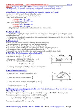 Website học tập miễn phí http://trungtamtainangtre.edu.vn Trang 5
GV: Đoàn Văn Lượng ĐT : 0915718188 - 0906848238 Email: doanvluong@gmail.com Trang 5
Chú ý: Trong công thức (3) Nếu M hoặc N trùng với nguồn thì không dủng dấu BẰNG
(chỉ dùng dấu < ) Vì nguồn là điểm đặc biệt không phải là điểm cực đại hoặc cực tiểu!
d.Tìm số đường dao động cực đại và không dao động giữa hai điểm M, N bất kỳ
Hai điểm M, N cách hai nguồn lần l ợt là d1M, d2M, d1N, d2N.
Đặt dM = d1M - d2M ; dN = d1N - d2N và giả sử dM < dN.
+ Hai nguồn dao động cùng pha:
* Cực đại: dM < k < dN
* Cực tiểu: dM < (k+0,5) < dN
+ Hai nguồn dao động ng ợc pha:
* Cực đại: dM < (k+0,5) < dN
* Cực tiểu: dM < k < dN
Số giá trị ngu ên của k thoả mãn các biểu thức trên là số đ ờng cần tìm.
III. SÓNG DỪNG
- Định Nghĩa: S ng dừng là s ng c các nút(điểm luôn đứng ên) và các bụng (biên độ dao động cực đại) cố
định trong không gian
- Nguyên nhân: Sóng dừng là kết quả của sự giao thoa giữa s ng tới và s ng phản xạ, khi s ng tới và s ng phản
xạ tru ền theo cùng một ph ng.
1. Một số chú ý
* Đầu cố định hoặc đầu dao động nhỏ là nút s ng. Đầu tự do là bụng s ng
* Hai điểm đối xứng với nhau qua nút s ng luôn dao động ng ợc pha.
* Hai điểm đối xứng với nhau qua bụng s ng luôn dao động cùng pha.
* Các điểm trên dâ đều dao động với biên độ không đổi  năng l ợng không tru ền đi
* Bề rông 1 bụng là 4A, A là biên độ s ng tới hoặc s ng phản xạ.
* Khoảng thời gian giữa hai lần sợi dâ căng ngang (các phần tử đi qua VTCB) là nửa chu kỳ.
2. Điều kiện để có sóng dừng trên sợi dây dài l:
* Hai đầu là nút s ng:
*
( )
2
l k k N

 
Số bụng s ng = số b s ng = k ; Số nút s ng = k + 1
Một đầu là nút s ng còn một đầu là bụng s ng:
(2 1) ( )
4
l k k N

  
Số b (bụng) s ng nguyên = k; Số bụng s ng = số nút s ng = k + 1
3 Đặc điểm của sóng dừng:
-Khoảng cách giữa 2 nút hoặc 2 bụng liền kề là
2

.
-Khoảng cách giữa nút và bụng liền kề là
4

.
-Khoảng cách giữa hai nút (bụng, múi) sóng bất kỳ là : k.
2

.
-Tốc độ tru ền s ng: v = f =
T

.
4. Phương trình sóng dừng trên sợi dây (đầu P cố định hoặc dao động nhỏ là nút sóng)
* Đầu Q cố định (nút sóng):
Ph ng trình s ng tới và sóng phản xạ tại Q: os2Bu Ac ft và ' os2 os(2 )Bu Ac ft Ac ft     
Ph ng trình s ng tới và s ng phản xạ tại M cách Q một khoảng d là:
os(2 2 )M
d
u Ac ft 

  và ' os(2 2 )M
d
u Ac ft  

  
Ph ng trình s ng dừng tại M: 'M M Mu u u 
2

2

k 2

QP
4
2

2

k 2

QP
 