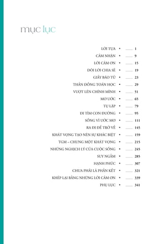 LỜI TỰA 
CẢM NHẬN 
LỜI CẢM ƠN 
ĐÔI LỜI CHIA SẺ 
GIẤY BÁO TỬ 
THẦN ĐỒNG TOÁN HỌC 
VƯỢT LÊN CHÍNH MÌNH 
MƠ ƯỚC 
TỰ LẬP 
ĐI TÌM CON ĐƯỜNG 
SỐNG VÌ ƯỚC MƠ 
RA ĐI ĐỂ TRỞ VỀ 
KHÁT VỌNG TẠO NÊN SỰ KHÁC BIỆT 
TGM – CHUNG MỘT KHÁT VỌNG 
NHỮNG NGHỊCH LÝ CỦA CUỘC SỐNG 
SUY NGẪM 
HẠNH PHÚC 
CHƯA PHẢI LÀ PHẦN KẾT 
KHÉP LẠI BẰNG NHỮNG LỜI CẢM ƠN 
PHỤ LỤC 
• 
• 
• 
• 
• 
• 
• 
• 
• 
• 
• 
• 
• 
• 
• 
• 
• 
• 
• 
• 
1 
9 
15 
19 
23 
29 
51 
65 
79 
95 
111 
145 
159 
215 
245 
285 
307 
321 
339 
341 
mục lục 
 