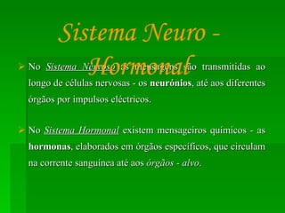 No  Sistema Nervoso  as mensagens são transmitidas ao longo de células nervosas - os  neurónios ,   até aos diferentes órgãos por impulsos eléctricos. No  Sistema Hormonal  existem mensageiros químicos - as  hormonas , elaborados em órgãos específicos, que circulam na corrente sanguínea até aos  órgãos - alvo . Sistema Neuro - Hormonal 