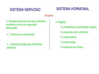 SISTEMA NERVOSO SISTEMA HORMONAL Funções   Recebe estímulos do meio ambiente, coordena e envia as respostas adequadas Regula: o metabolismo (actividade celular)  a absorção dos nutrientes o crescimento a reprodução a resposta ao stress...   Controla os movimentos Controla funções dos diferentes sistemas. 