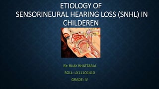ETIOLOGY OF
SENSORINEURAL HEARING LOSS (SNHL) IN
CHILDEREN
BY: BIJAY BHATTARAI
ROLL: LX111O1410
GRADE: IV
 