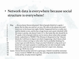 • Network data is everywhere because social
structure is everywhere!
1
2
3
4
5
6
7
8
9
10
11
12
13
14
15
16
Meg … Do you know Steven Johanson? Alot of people think he’s a geek, I
guess. But he likes me and he’s so nice. We talk on the phone alot and I
went over to his house last night. Nothin’ happened but he is really nice
and his family is nice, and he has a huge house and a pool. (Asshole! J/K)
His sister is pretty, she doesn’t look 12 ½. She looks like she should be in
9th grade. A lot of people told me not to worry about what other people
think. I asked him to TWIRP [“The Woman Is Required to Pay”-Dance]
(kind of). I still have to figure out what’s happening. I don’t know what
we’d do or where we’d go or who with. You’re probably thinking I’m
crazy to go out with Steven, I hope you don’t think he’s a big nerd cuz I
know he’s not super popular or anything, but not alot of people really
know him, and once you get to know him, he’s super nice. Anyway,
better go. W/B very soon.
Laura I know Steven pretty well, he’s a great guy. I think it would be awesome
if you 2 went to TWIRP. He is just shy, not a big nerd, Sarah [his sister] is
really pretty, we play tennis together.
 