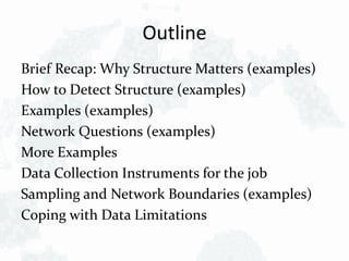 Outline
Brief Recap: Why Structure Matters (examples)
How to Detect Structure (examples)
Examples (examples)
Network Questions (examples)
More Examples
Data Collection Instruments for the job
Sampling and Network Boundaries (examples)
Coping with Data Limitations
 