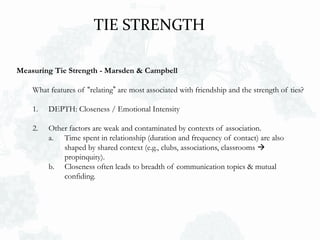 Measuring Tie Strength - Marsden & Campbell
What features of “relating” are most associated with friendship and the strength of ties?
1. DEPTH: Closeness / Emotional Intensity
2. Other factors are weak and contaminated by contexts of association.
a. Time spent in relationship (duration and frequency of contact) are also
shaped by shared context (e.g., clubs, associations, classrooms 
propinquity).
b. Closeness often leads to breadth of communication topics & mutual
confiding.
TIE STRENGTH
 