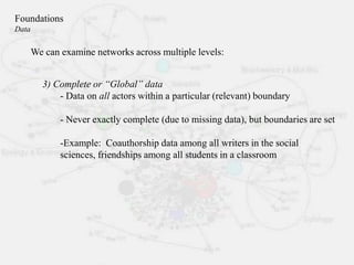 3) Complete or “Global” data
- Data on all actors within a particular (relevant) boundary
- Never exactly complete (due to missing data), but boundaries are set
-Example: Coauthorship data among all writers in the social
sciences, friendships among all students in a classroom
We can examine networks across multiple levels:
Foundations
Data
 
