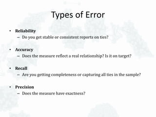 Types of Error
• Reliability
– Do you get stable or consistent reports on ties?
• Accuracy
– Does the measure reflect a real relationship? Is it on target?
• Recall
– Are you getting completeness or capturing all ties in the sample?
• Precision
– Does the measure have exactness?
 