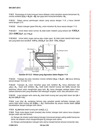 “HakCiptaBadanStandardisasiNasional,Copystandarinidibuatuntukpenayangandiwww.bsn.go.iddantidakuntukdikomersialkan”
SNI 2847:2013
© BSN 2013 102 dari 255
11.8.3 Penampang di muka tumpuan harus didesain untuk menahan secara bersamaan Vu,
momen terfaktor [Vuav + Nuc(h – d)], dan gaya tarik horisontal terfaktor, Nuc.
11.8.3.1 Dalam semua perhitungan desain yang sesuai dengan 11.8,  harus diambil
sama dengan 0,75.
11.8.3.2 Desain tulangan geser-friksi Avf, untuk menahan Vu harus sesuai dengan 11.6.
11.8.3.2.1 Untuk beton berat normal, Vn tidak boleh melebihi yang terkecil dari 0,2 c wf b d ,
 c wf b d3,3 0,08  , dan 11bwd.
11.8.3.2.2 Untuk beton ringan semua atau ringan pasir, Vn tidak boleh diambil lebih besar
dari yang lebih kecil dari 0,2 0,07 v c wa d f b d dan  5,5 1,9 v wa d b d .
11.8.3.3 Tulangan Af untuk menahan momen terfaktor [Vuav + Nuc(h – d)] harus dihitung
sesuai dengan 10.2 dan 10.3.
11.8.3.4 Tulangan An untuk menahan gaya tarik terfaktor Nuc harus ditentukan dari
n y ucA f N  . Gaya tarik terfaktor, Nuc, tidak boleh diambil kurang dari 0,2Vu kecuali bila
ketentuan dibuat untuk menghindari gaya tarik. Nuc harus dianggap sebagai beban hidup
bahkan bilamana tarik yang dihasilkan dari kekangan rangkak, susut, atau perubahan suhu.
11.8.3.5 Luas tulangan tarik utama Asc tidak boleh kurang dari yang lebih besar dari (Af +
An) dan (2Avf/3 + An).
11.8.4 Luas total, Ah, sengkang tertutup atau pengikat paralel terhadap tulangan tarik
utama tidak boleh kurang dari 0,5(Asc – An). Distribusikan Ah secara merata dalam (2/3)d
bersebelahan dengan tulangan tarik utama.
11.8.5 Asc/bd tidak boleh kurang dari  0,04 c yf f .
11.8.6 Pada muka depan brakit (bracket) atau korbel, tulangan tarik utama harus diangkur
dengan salah satu dari berikut:
(a) Dengan las struktur pada batang tulangan transversal dengan paling sedikit berukuran
sama; las didesain untuk mengembangkan fy tulangan tarik utama;
(b) Dengan pembengkokan tulangan tarik utama menjadi bentuk tertutup horisontal; atau
Slab tumpuan
Asc (tulangan utama)
Batang tulangan angkur
Batang tulangan perangkai
untuk mengangkur sengkang
atau pengikat
Ah (sengkang tertutup
atau pengikat)
Gambar S11.8.2 - Notasi yang digunakan dalam Bagian 11.8
 