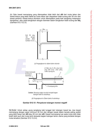 “HakCiptaBadanStandardisasiNasional,Copystandarinidibuatuntukpenayangandiwww.bsn.go.iddantidakuntukdikomersialkan”
SNI 2847:2013
© BSN 2013 120 dari 255
(b) Satu kawat memanjang yang ditempatkan tidak lebih dari d/4 dari muka tekan dan
kawat kedua yang lebih dekat ke muka tekan dan dispasikan tidak kurang dari 50 mm dari
kawat pertama. Kawat kedua diizinkan untuk ditempatkan pada kaki sengkang melampaui
bengkokan, atau pada bengkokan dengan diameter dalam bengkokan tidak kurang dari 8db
(Gambar S12.13.2.3).
12.13.2.4 Untuk setiap ujung sengkang kaki tunggal dari tulangan kawat las, dua kawat
memanjang dengan spasi minimum 50 mm dan dengan kawat dalam berada paling sedikit
yang lebih besar dari d/4 atau 50 mm dari d/2. Kawat memanjang luar pada muka tarik tidak
boleh lebih jauh dari muka tarik daripada bagian tulangan lentur utama yang terdekat dengan
muka tersebut (Gambar S12.13.2.4).
dh
Gambar S12.12 - Penyaluran tulangan momen negatif
Catatan: Biasanya angkur tersebut menjadi bagian
tulangan balok di sebelahnya.
Penampang kritis
T.B.
Untuk memenuhi
bentang di
kanannya
d, 12db, atau n /16, yang mana
yang lebih besar, untuk paling
sedikit sepertiga As
d
Kait 90 atau
180 derajat
standar (lihat
Gambar S12.5)
(a) Pengangkuran ke dalam kolom eksterior
dh
(b) Pengangkuran ke dalam balok di sebelahnya
 